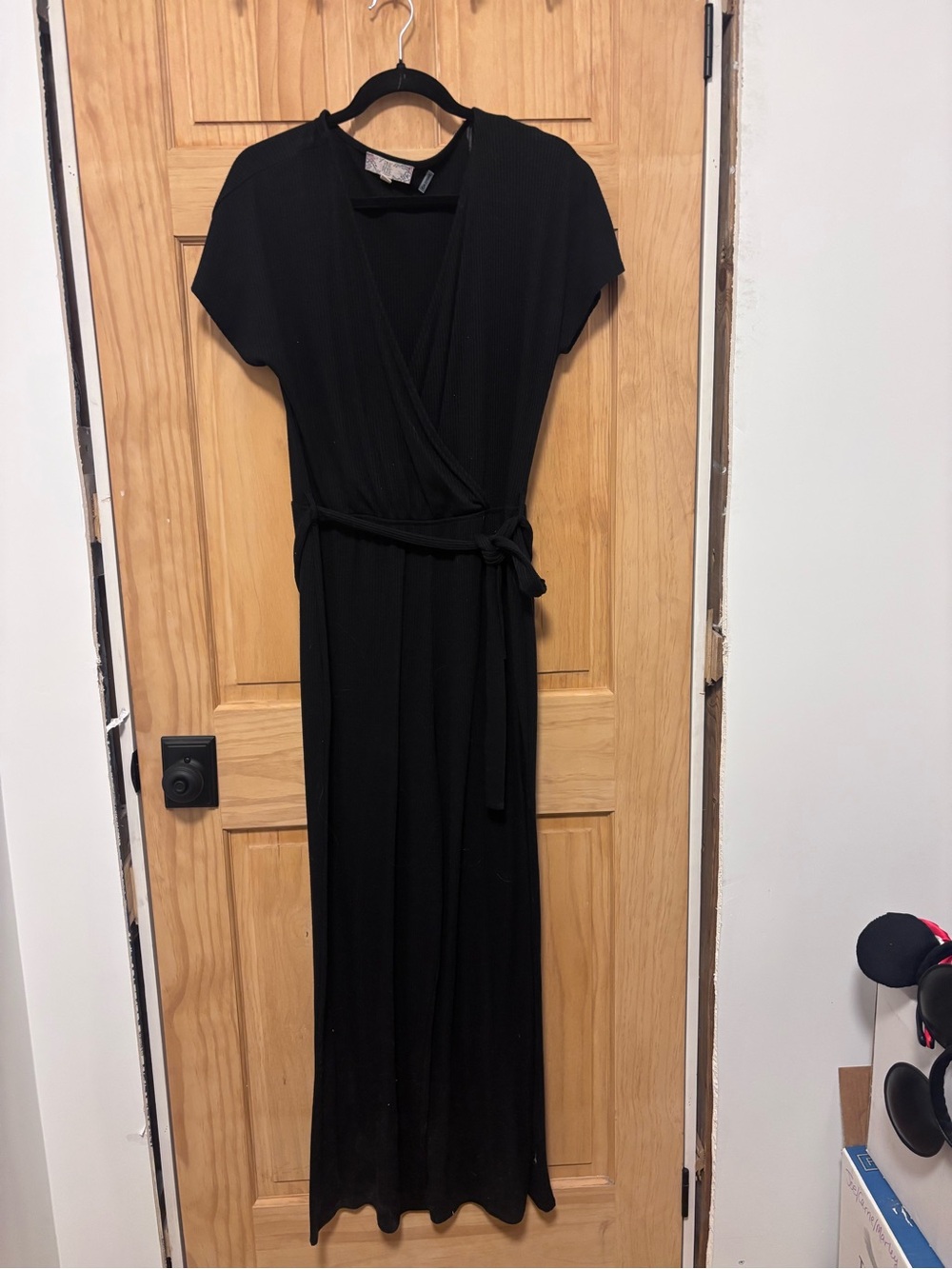 Pink Rose Black Wrap Maxi Dress with Tie Waist